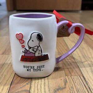 1 Rae Dunn Peanuts Snoopy YOU'RE JUST MY TYPE Mug Purple Heart Handle Valentines